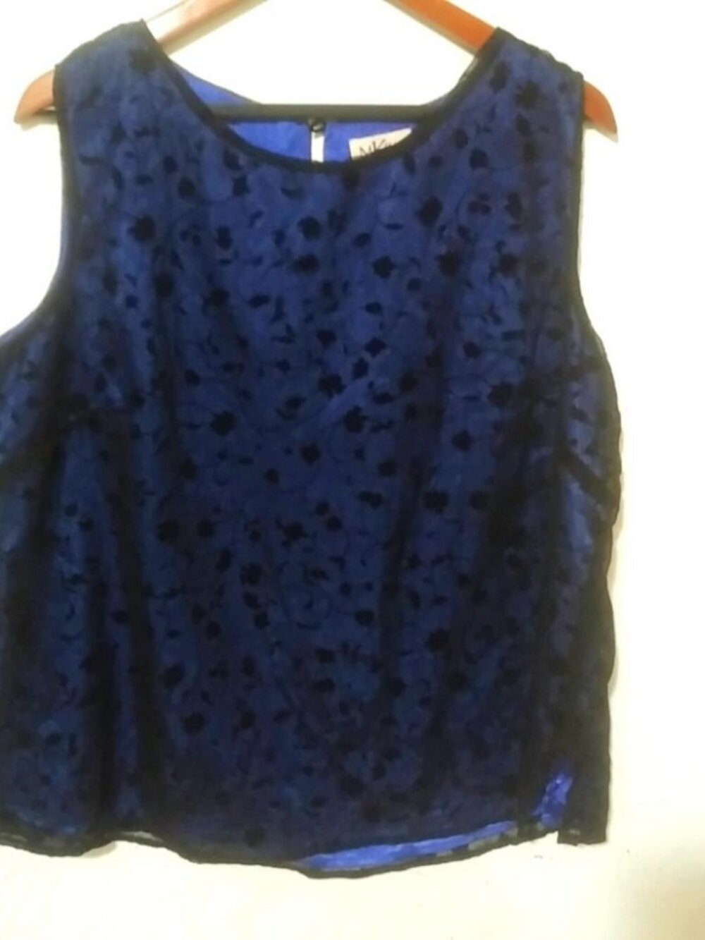MK Plus 20W Sleeveless Dressy Black Lace Over Lapis Blue Fancy Top Plus